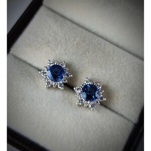 Sapphire 2Ct Round CutLab-Created Blue Snowflake Flower Earring White Gold Plate